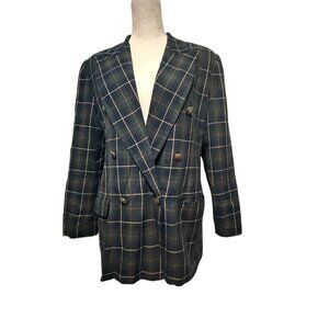 Woman's Vintage HBS Ltd. Green Plaid Gold Buttons Blazer Coat Jacket Size 10